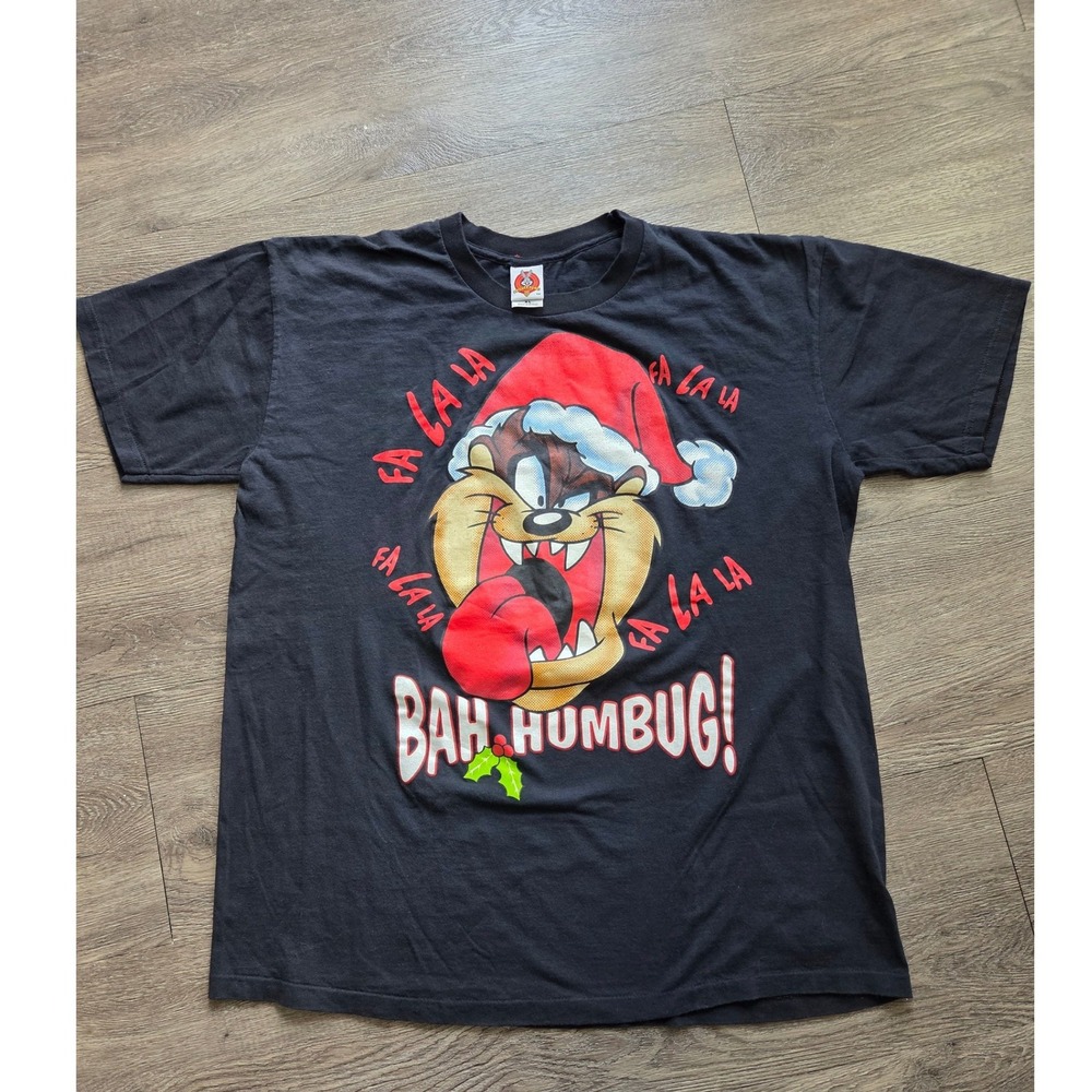 Looney Tunes Taz Christmas T-Shirt Mens XL Black 1998 Bah Humbug Vintage Tee